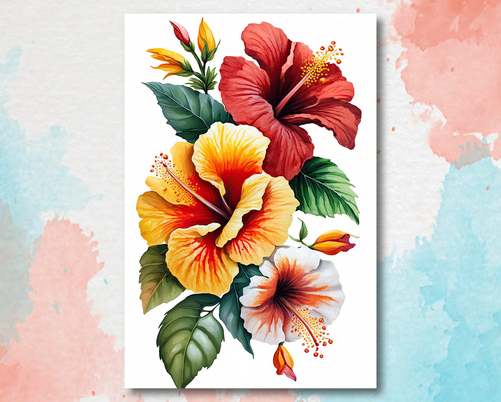 Hawaiian Hibiscus Flower Bouquet Print Watercolor Botanical Wall Art Flower Painting Gift Floral Tropical Home Decor