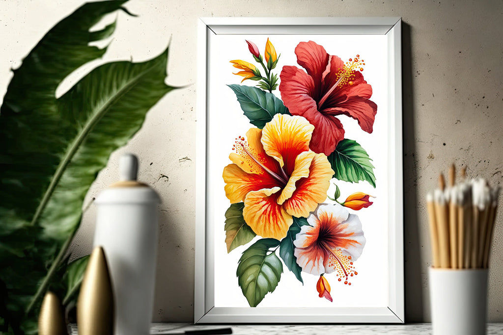 Hawaiian Hibiscus Flower Bouquet Print Watercolor Botanical Wall Art Flower Painting Gift Floral Tropical Home Decor