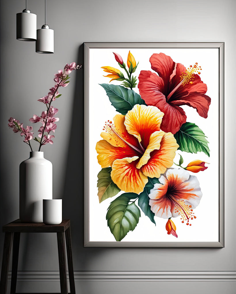 Hawaiian Hibiscus Flower Bouquet Print Watercolor Botanical Wall Art Flower Painting Gift Floral Tropical Home Decor