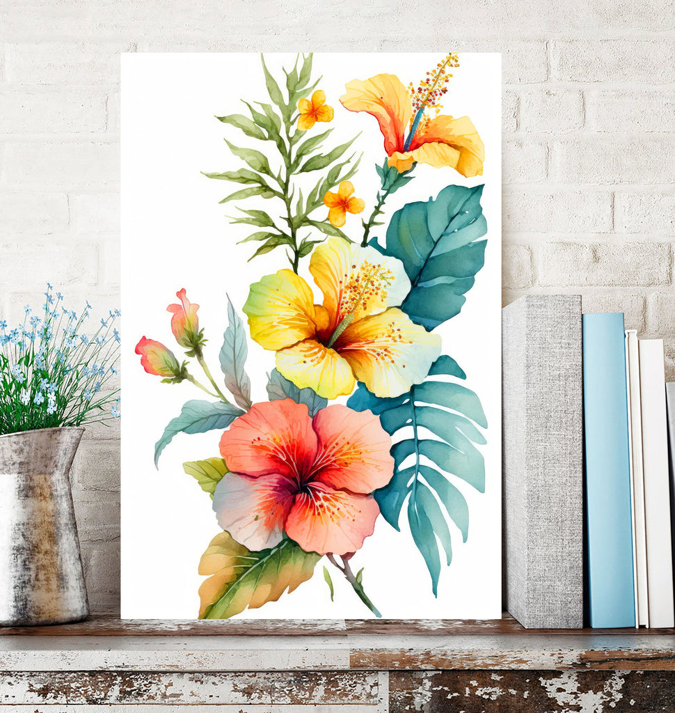 Hawaiian Hibiscus Flower Bouquet Print Watercolor Botanical Wall Art Flower Painting Gift Floral Tropical Home Decor