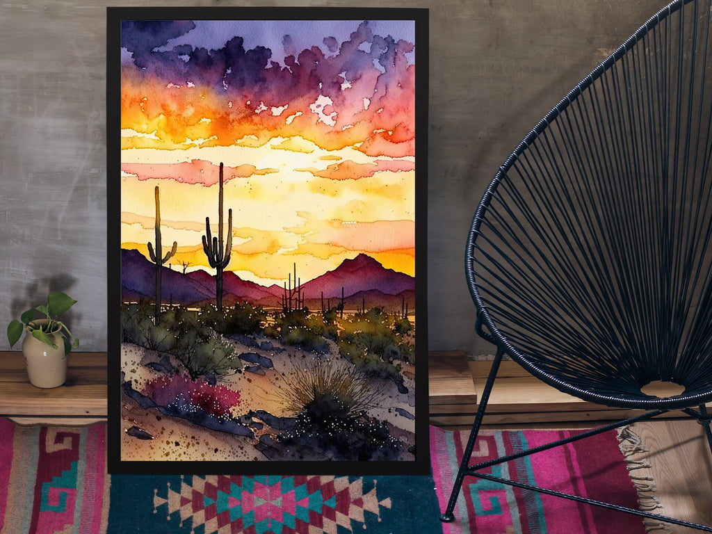 Desert Sunset Print Colorful Watercolor Wall Art Southwest Landscape Gift Saguaro Cactus Beautiful Nature Home Decor