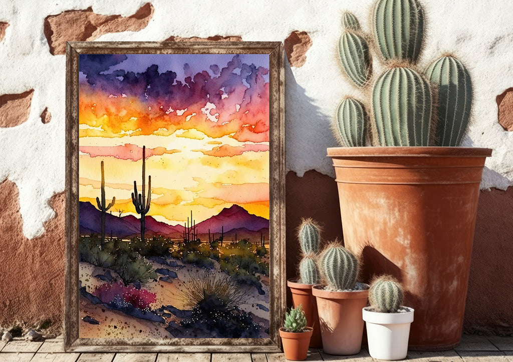 Desert Sunset Print Colorful Watercolor Wall Art Southwest Landscape Gift Saguaro Cactus Beautiful Nature Home Decor