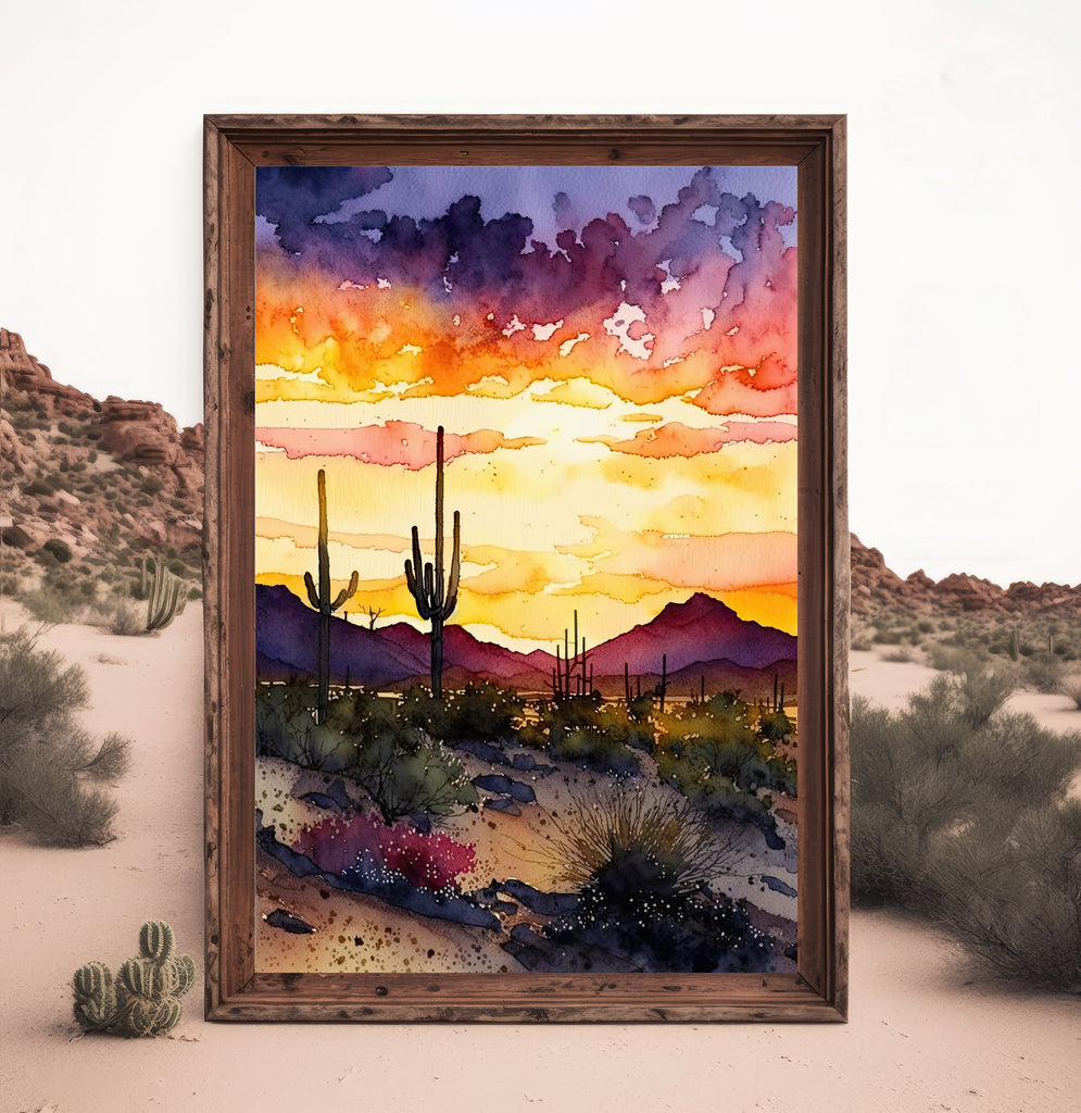 Desert Sunset Print Colorful Watercolor Wall Art Southwest Landscape Gift Saguaro Cactus Beautiful Nature Home Decor