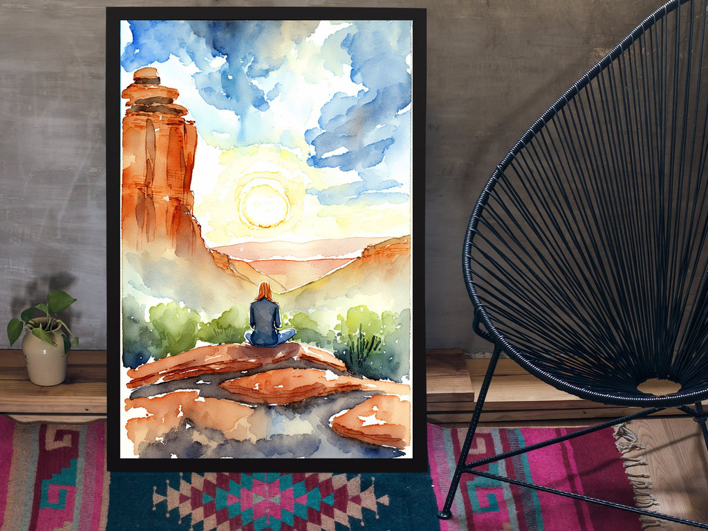 Watercolor Sedona Arizona Sunset Meditation Art Print Southwest Wall Art Landscape Gift Desert Home Western Decor