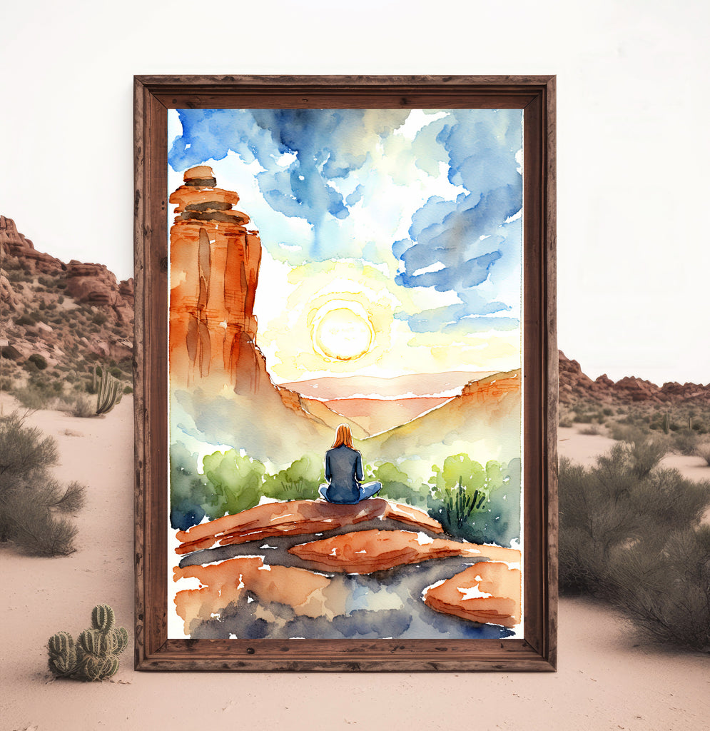 Watercolor Sedona Arizona Sunset Meditation Art Print Southwest Wall Art Landscape Gift Desert Home Western Decor