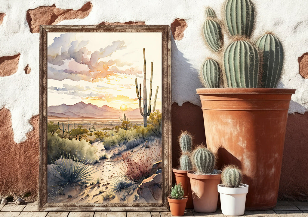 Desert Sunset Print Colorful Watercolor Wall Art Southwest Landscape Gift Saguaro Cactus Beautiful Nature Home Decor