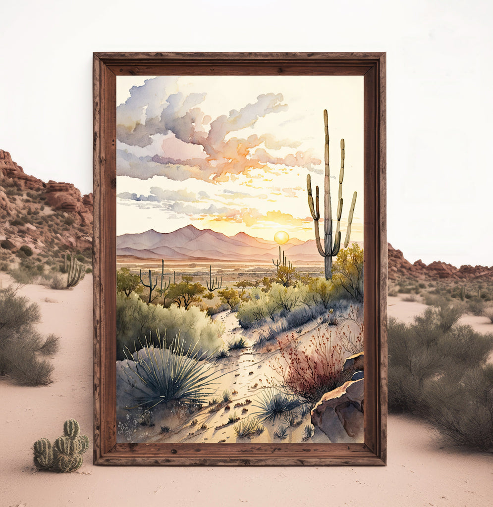 Desert Sunset Print Colorful Watercolor Wall Art Southwest Landscape Gift Saguaro Cactus Beautiful Nature Home Decor