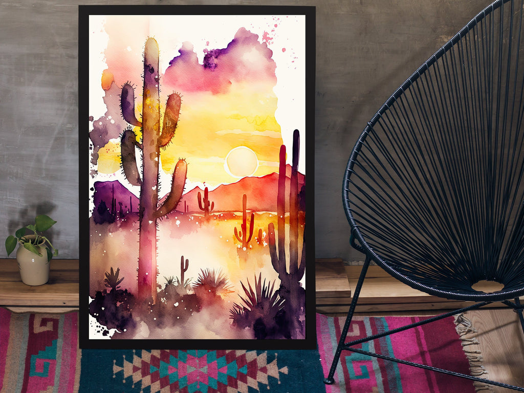 Desert Sunset Print Colorful Watercolor Wall Art Southwest Landscape Gift Saguaro Cactus Beautiful Nature Home Decor