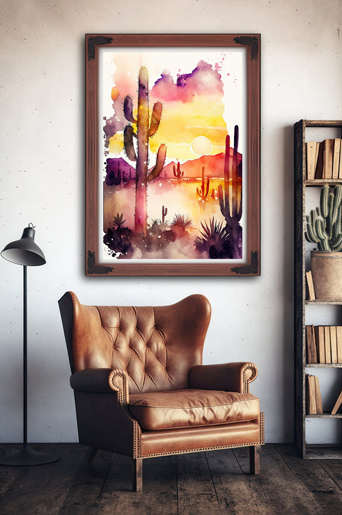 Desert Sunset Print Colorful Watercolor Wall Art Southwest Landscape Gift Saguaro Cactus Beautiful Nature Home Decor