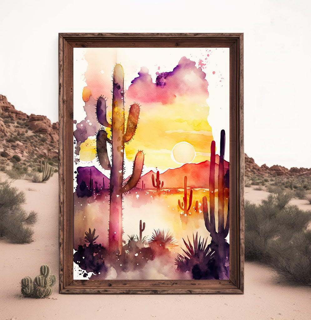 Desert Sunset Print Colorful Watercolor Wall Art Southwest Landscape Gift Saguaro Cactus Beautiful Nature Home Decor