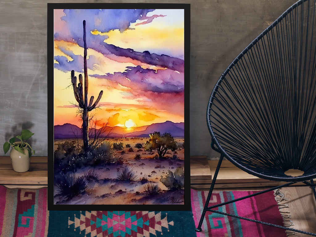 Desert Sunset Print Colorful Watercolor Wall Art Southwest Landscape Gift Saguaro Cactus Beautiful Nature Home Decor