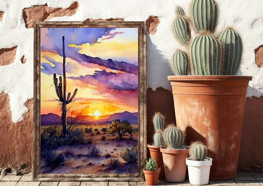 Desert Sunset Print Colorful Watercolor Wall Art Southwest Landscape Gift Saguaro Cactus Beautiful Nature Home Decor