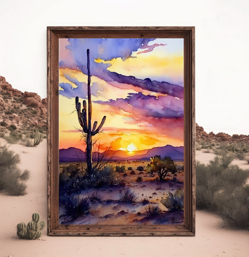 Desert Sunset Print Colorful Watercolor Wall Art Southwest Landscape Gift Saguaro Cactus Beautiful Nature Home Decor