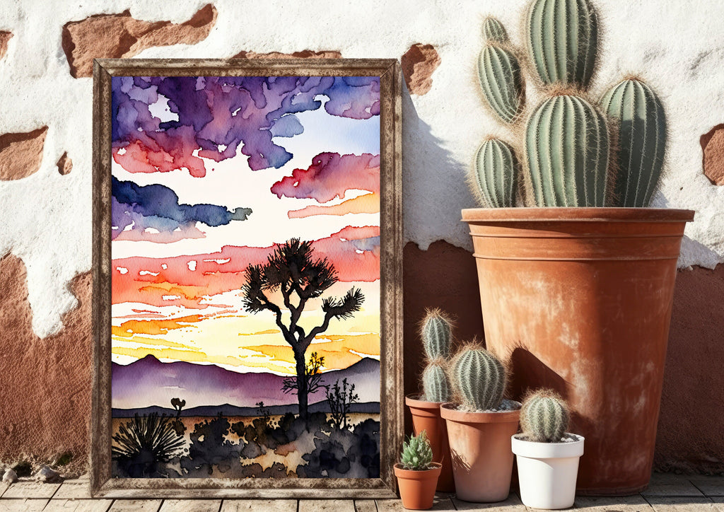 Joshua Tree Desert Sunset Print Colorful Watercolor Wall Art Southwest Landscape Gift Saguaro Cactus Beautiful Nature Home Decor