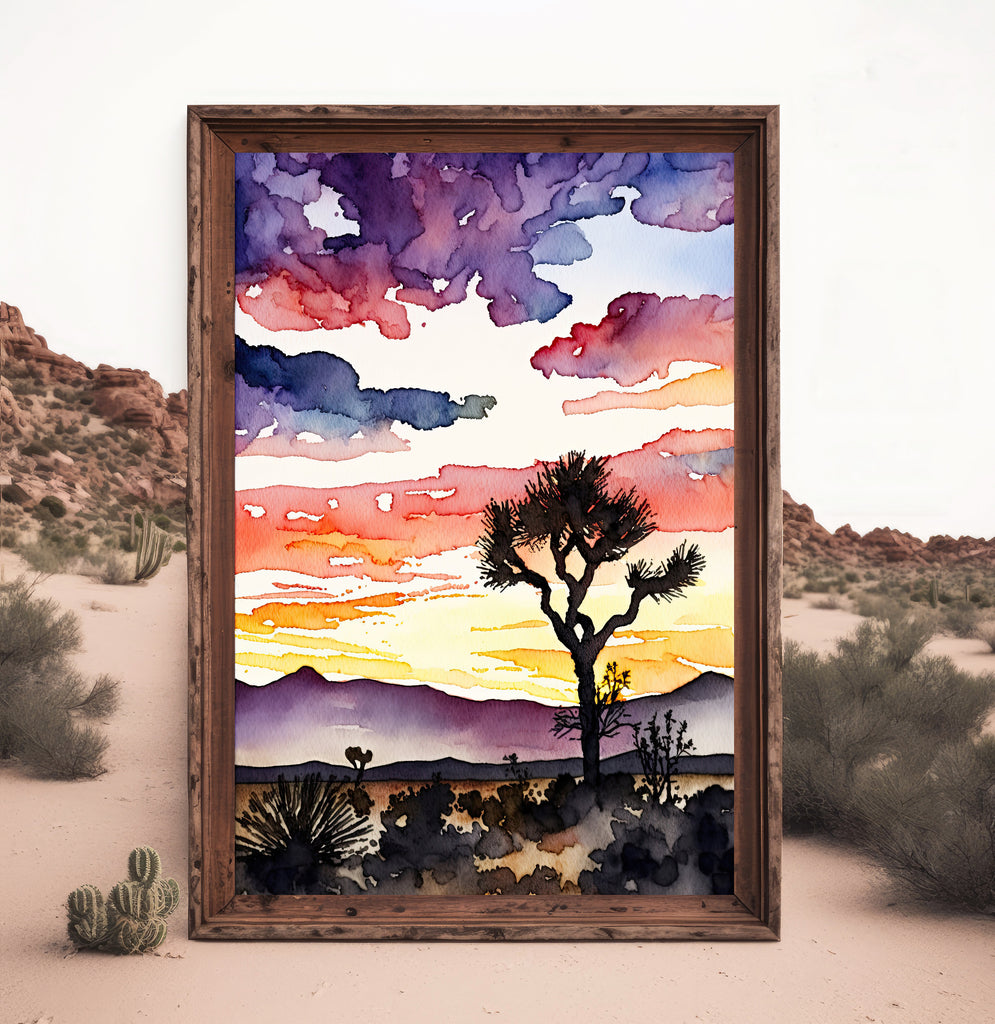 Joshua Tree Desert Sunset Print Colorful Watercolor Wall Art Southwest Landscape Gift Saguaro Cactus Beautiful Nature Home Decor