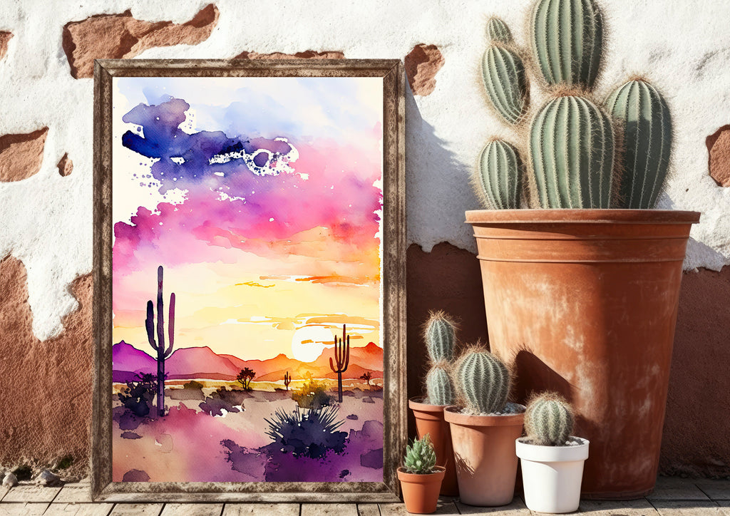 Desert Sunset Print Colorful Watercolor Wall Art Southwest Landscape Gift Saguaro Cactus Beautiful Nature Home Decor