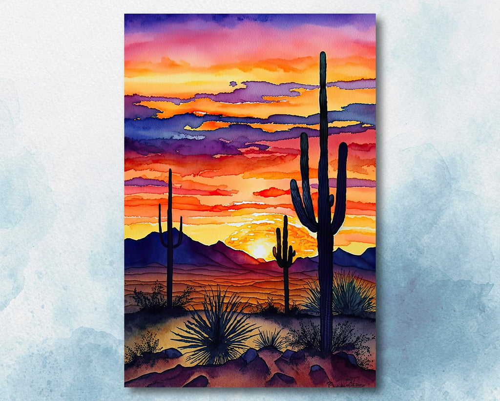 Desert Sunset Print Colorful Watercolor Wall Art Southwest Landscape Gift Saguaro Cactus Beautiful Nature Home Decor