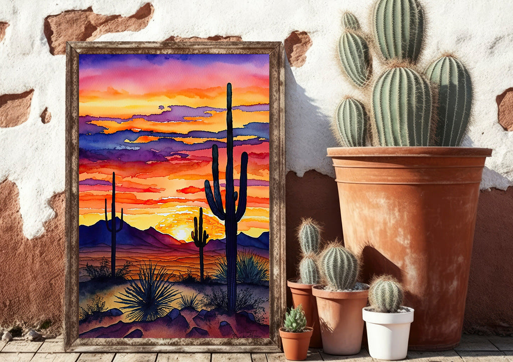 Desert Sunset Print Colorful Watercolor Wall Art Southwest Landscape Gift Saguaro Cactus Beautiful Nature Home Decor
