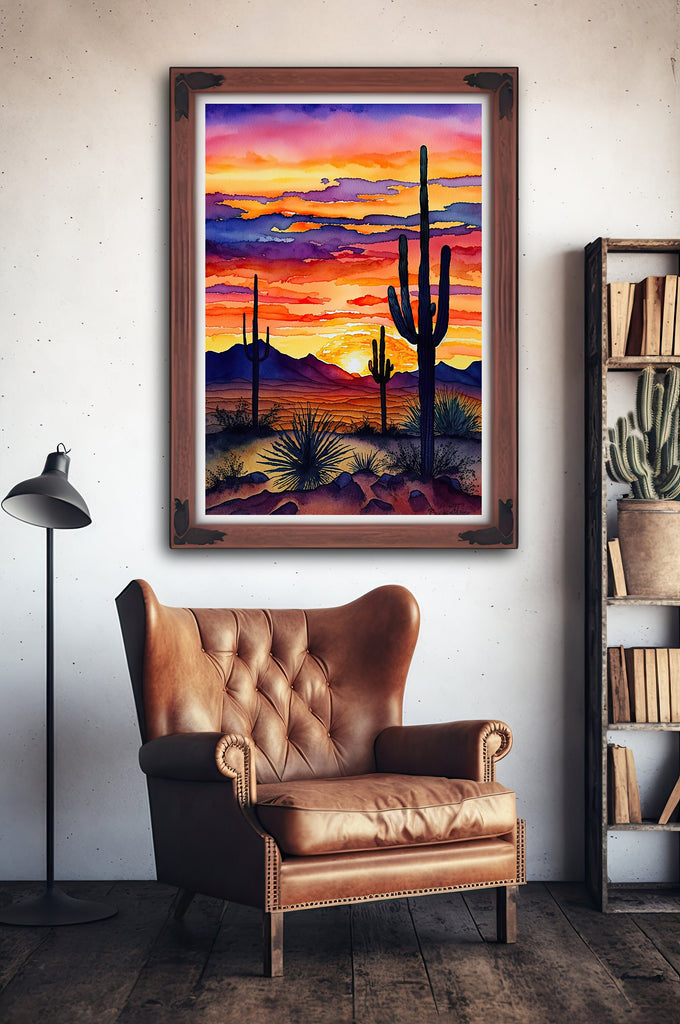 Desert Sunset Print Colorful Watercolor Wall Art Southwest Landscape Gift Saguaro Cactus Beautiful Nature Home Decor
