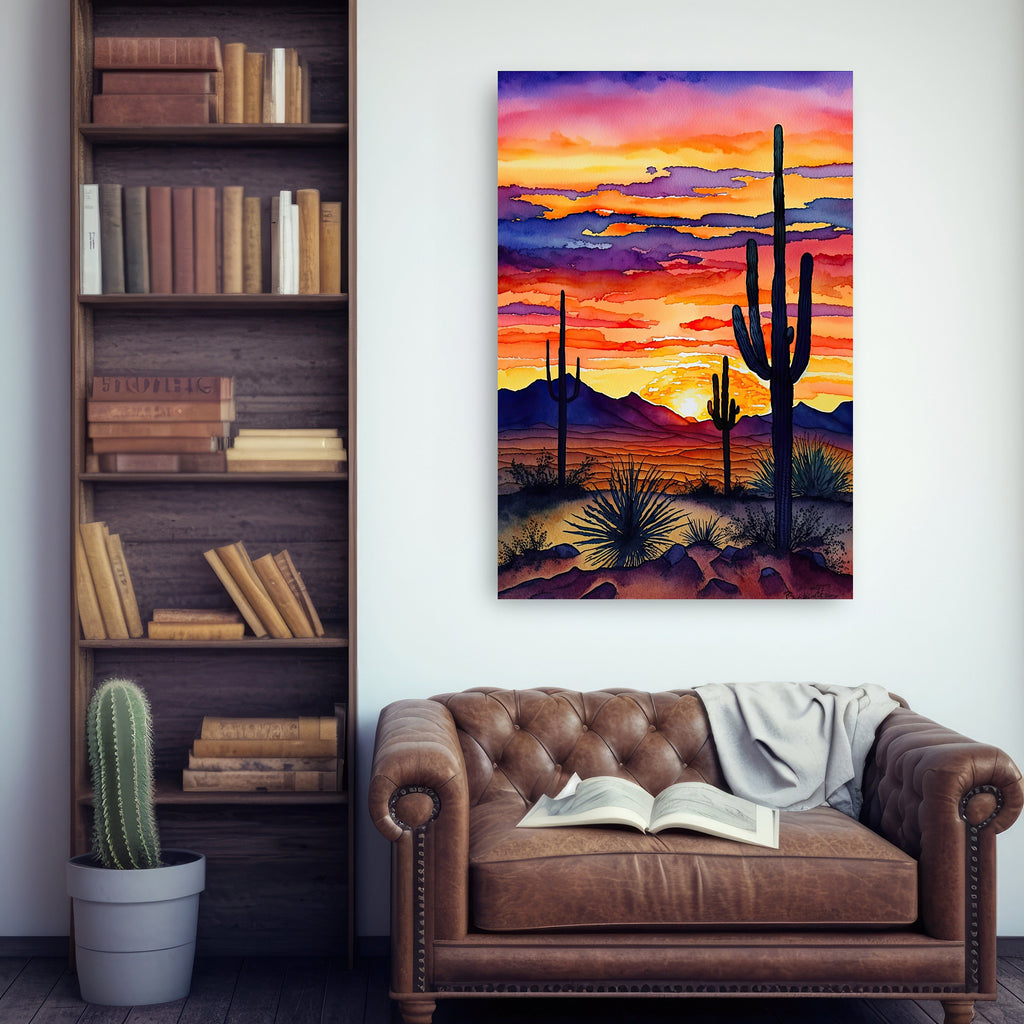 Desert Sunset Print Colorful Watercolor Wall Art Southwest Landscape Gift Saguaro Cactus Beautiful Nature Home Decor