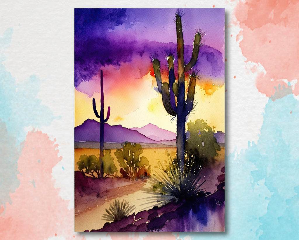 Desert Sunset Print Colorful Watercolor Wall Art Southwest Landscape Gift Saguaro Cactus Beautiful Nature Home Decor