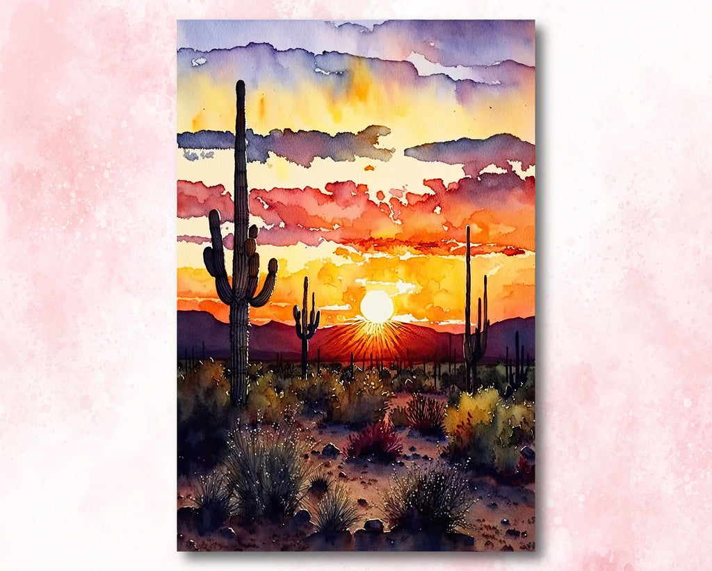 Desert Sunset Print Colorful Watercolor Wall Art Southwest Landscape Gift Saguaro Cactus Beautiful Nature Home Decor