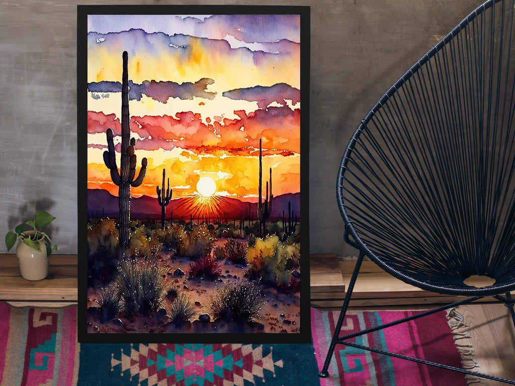 Desert Sunset Print Colorful Watercolor Wall Art Southwest Landscape Gift Saguaro Cactus Beautiful Nature Home Decor
