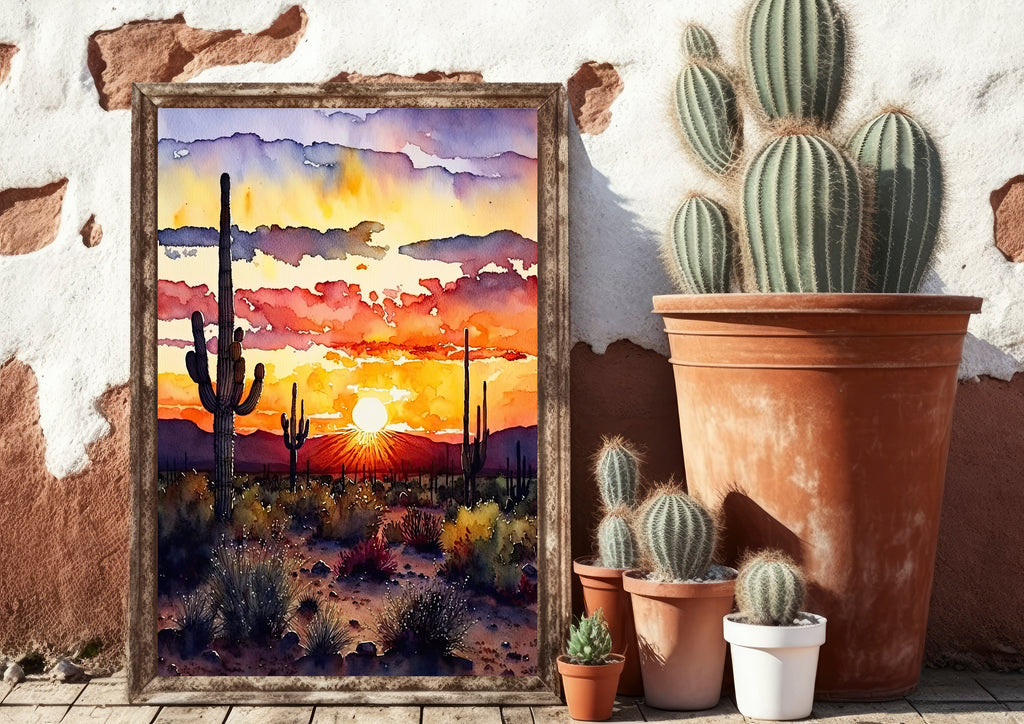 Desert Sunset Print Colorful Watercolor Wall Art Southwest Landscape Gift Saguaro Cactus Beautiful Nature Home Decor