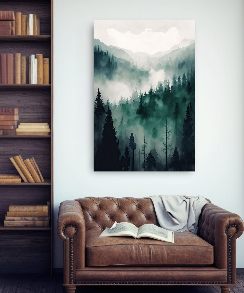 Watercolor Forest Landscape Sage Green Wall Art Painting Pine Tree Nature Landscape Gift Woodland Home Decor