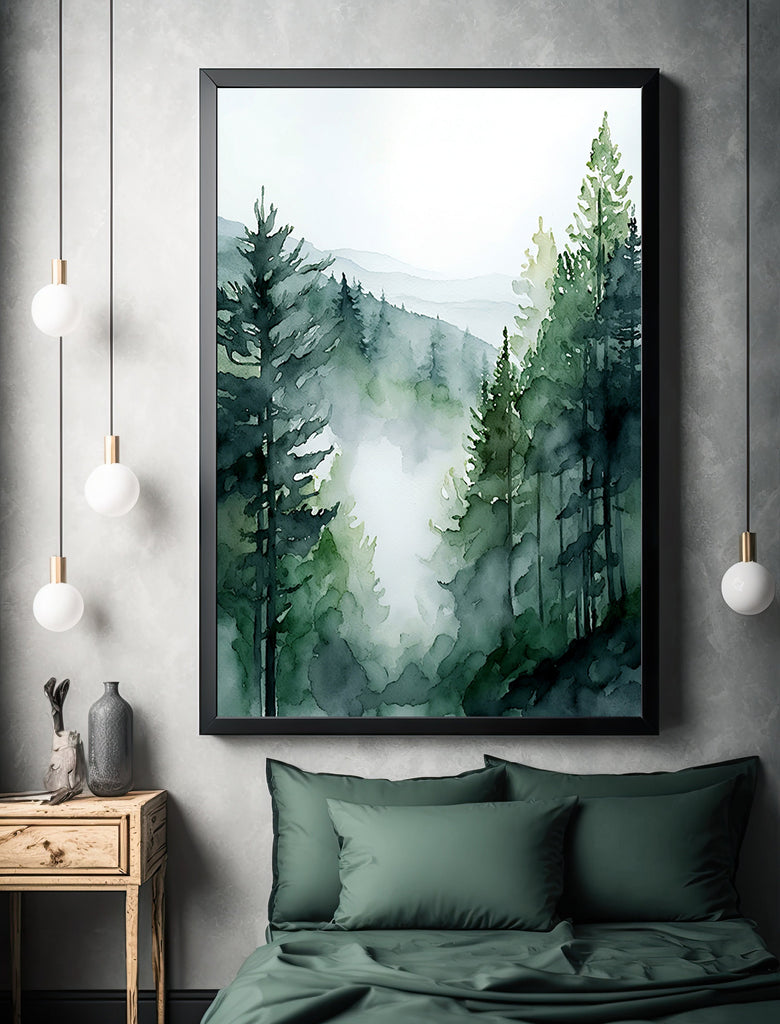 Watercolor Forest Landscape Sage Green Wall Art Painting Pine Tree Nature Landscape Gift Woodland Home Decor