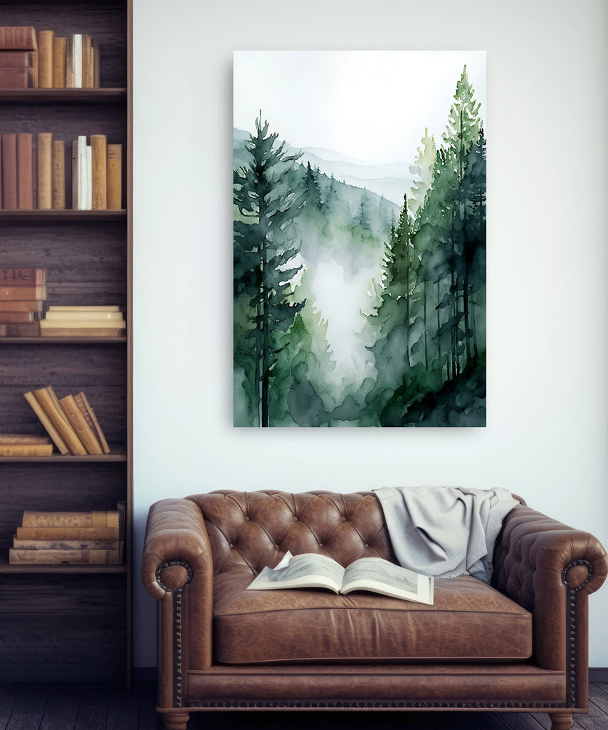 Watercolor Forest Landscape Sage Green Wall Art Painting Pine Tree Nature Landscape Gift Woodland Home Decor