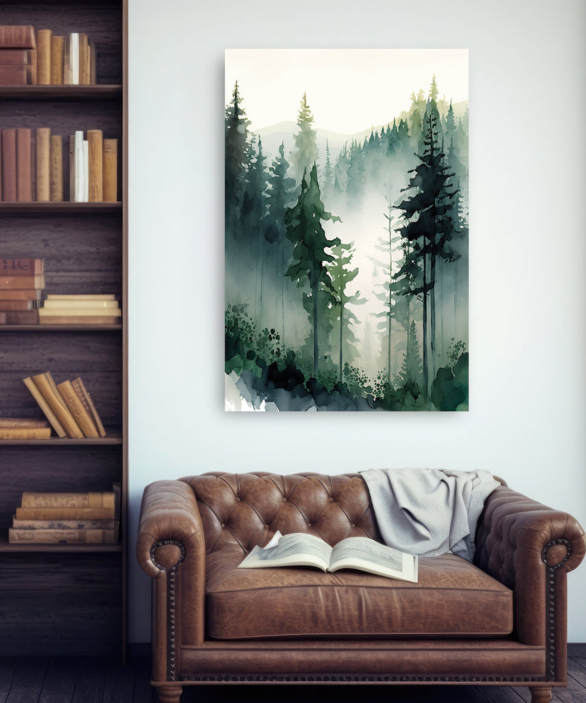 Watercolor Forest Landscape Sage Green Wall Art Painting Pine Tree Nature Landscape Gift Woodland Home Decor