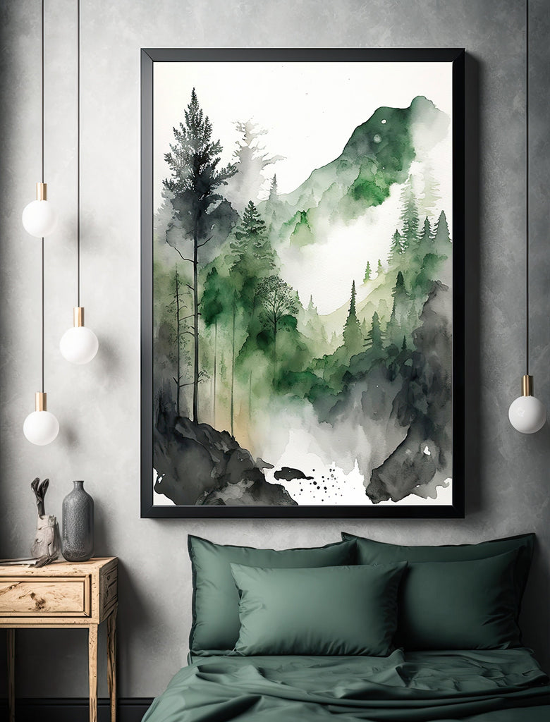 Watercolor Forest Landscape Sage Green Wall Art Painting Pine Tree Nature Landscape Gift Woodland Home Decor