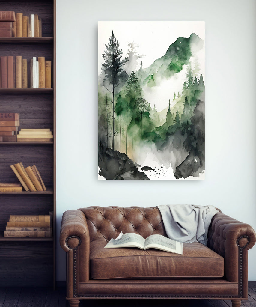 Watercolor Forest Landscape Sage Green Wall Art Painting Pine Tree Nature Landscape Gift Woodland Home Decor