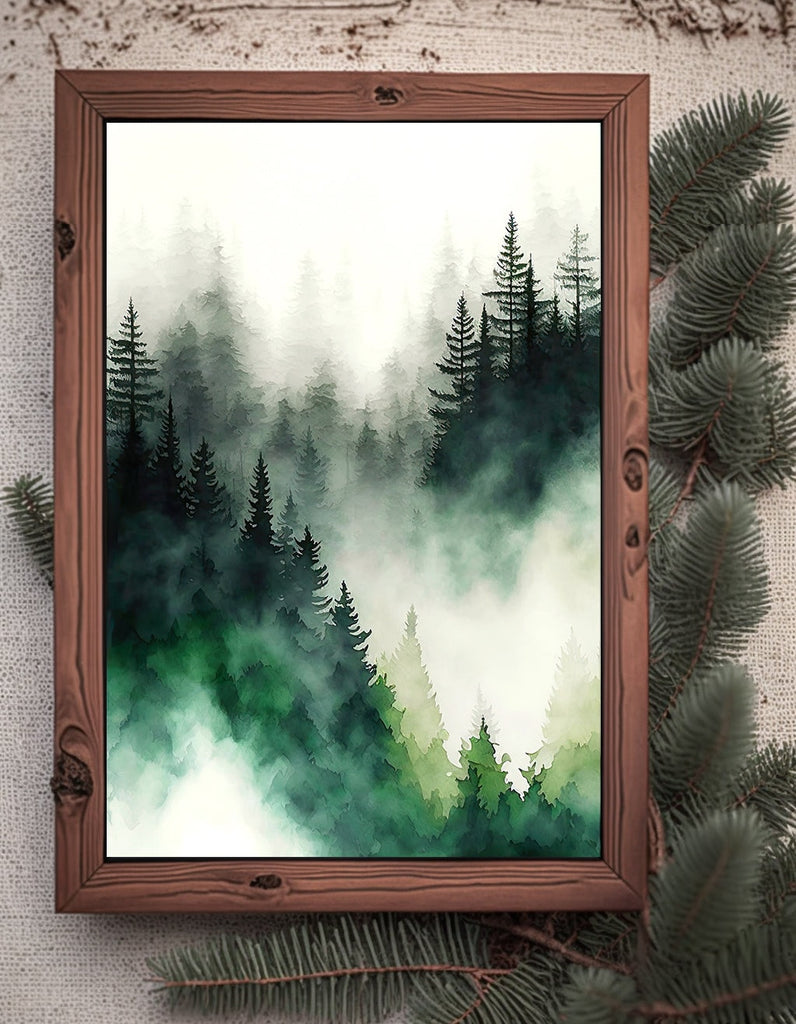 Watercolor Forest Landscape Sage Green Wall Art Painting Pine Tree Nature Landscape Gift Woodland Home Decor