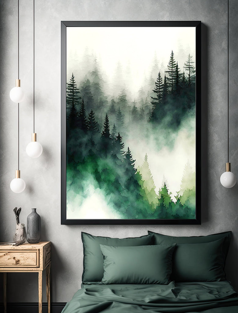 Watercolor Forest Landscape Sage Green Wall Art Painting Pine Tree Nature Landscape Gift Woodland Home Decor