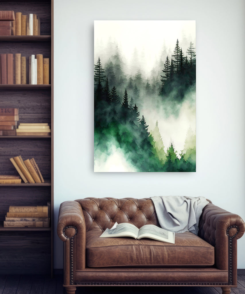 Watercolor Forest Landscape Sage Green Wall Art Painting Pine Tree Nature Landscape Gift Woodland Home Decor