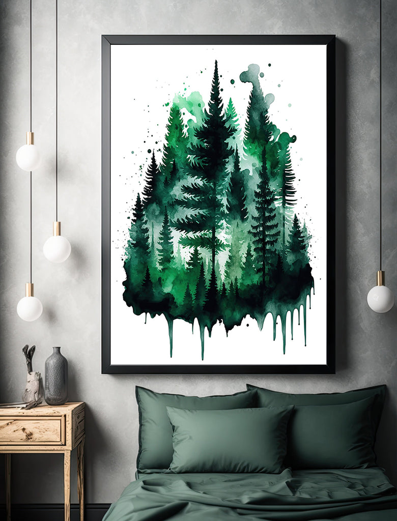 Watercolor Forest Landscape Sage Green Wall Art Painting Pine Tree Nature Landscape Gift Woodland Home Decor