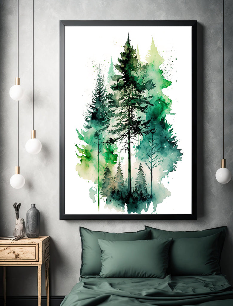 Watercolor Forest Landscape Sage Green Wall Art Painting Pine Tree Nature Landscape Gift Woodland Home Decor