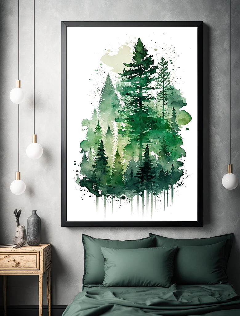 Watercolor Forest Landscape Sage Green Wall Art Painting Pine Tree Nature Landscape Gift Woodland Home Decor