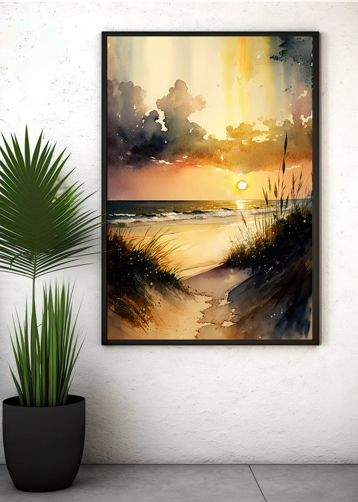 Beach Sunset Watercolor Print Ocean Wall Art Tropical Nature Gift Coastal Landscape Home Decor