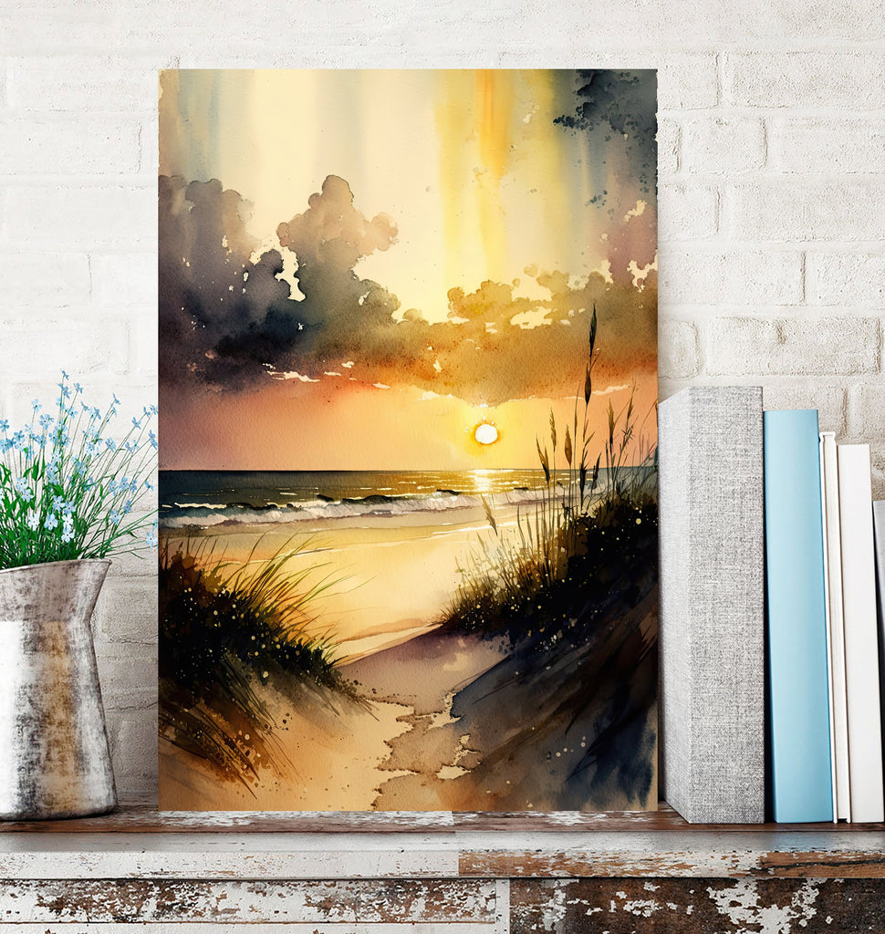 Beach Sunset Watercolor Print Ocean Wall Art Tropical Nature Gift Coastal Landscape Home Decor