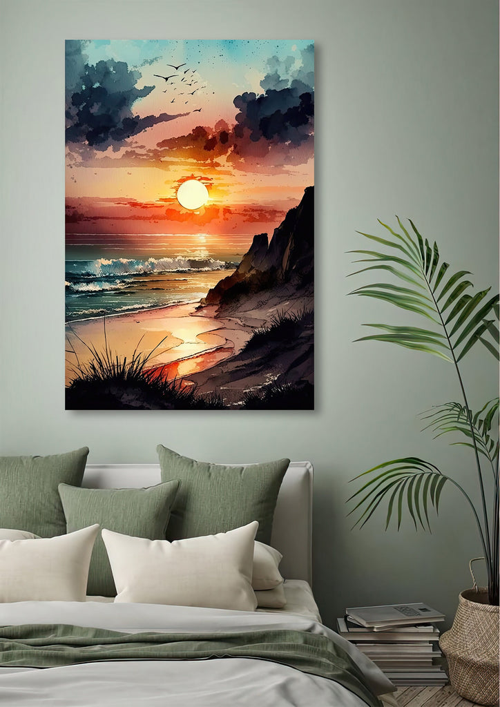 Beach Sunset Watercolor Print Ocean Wall Art Tropical Nature Gift Coastal Landscape Home Decor