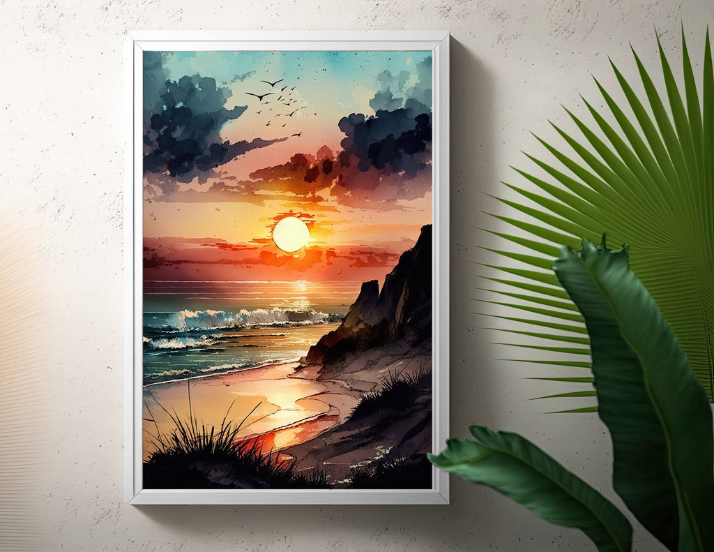 Beach Sunset Watercolor Print Ocean Wall Art Tropical Nature Gift Coastal Landscape Home Decor