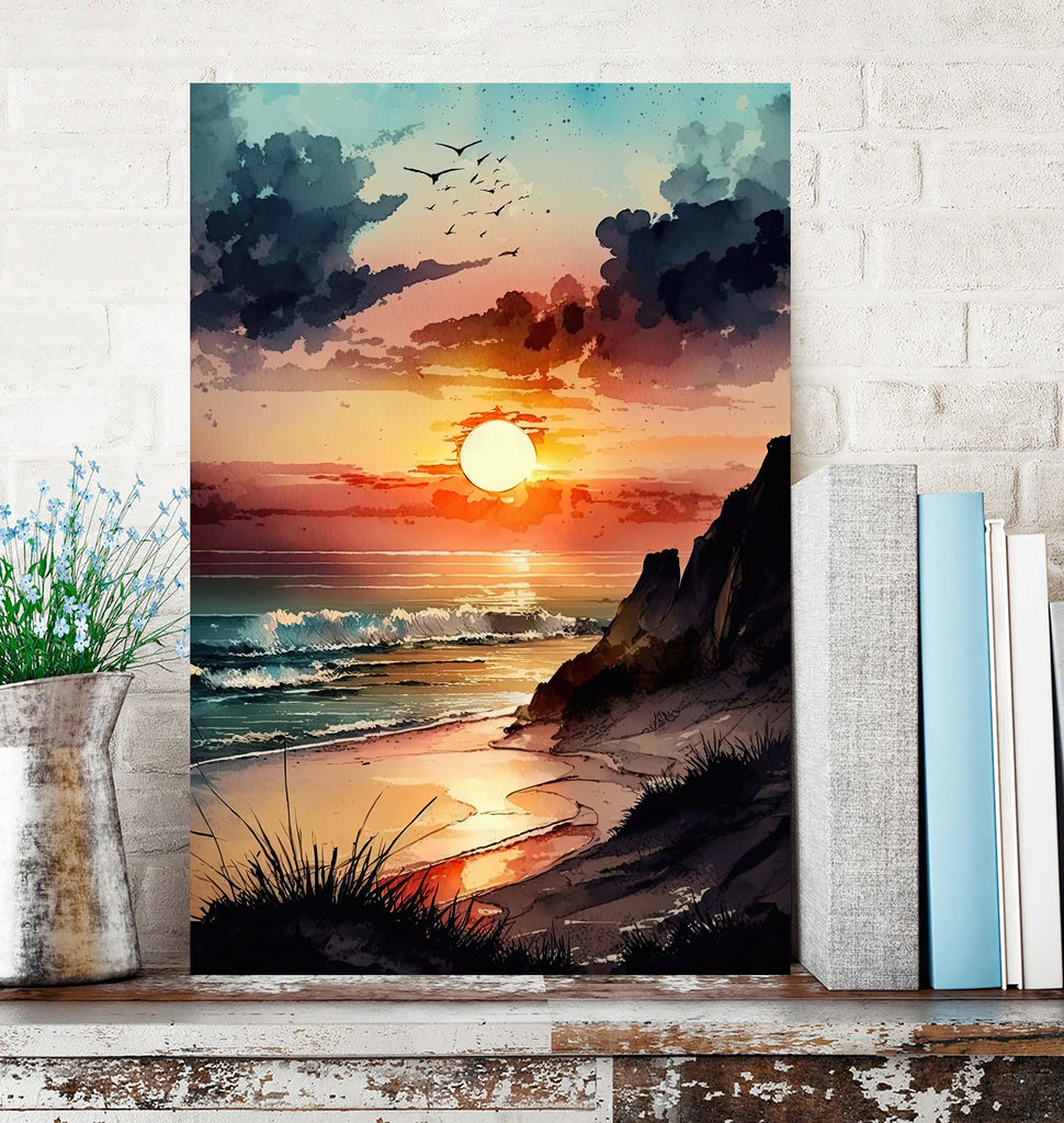 Beach Sunset Watercolor Print Ocean Wall Art Tropical Nature Gift Coastal Landscape Home Decor