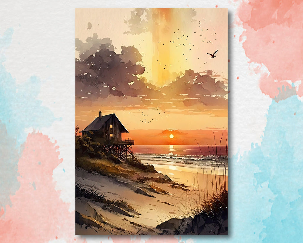 Beach Sunset Watercolor Print Ocean Wall Art Tropical Nature Gift Coastal Landscape Home Decor