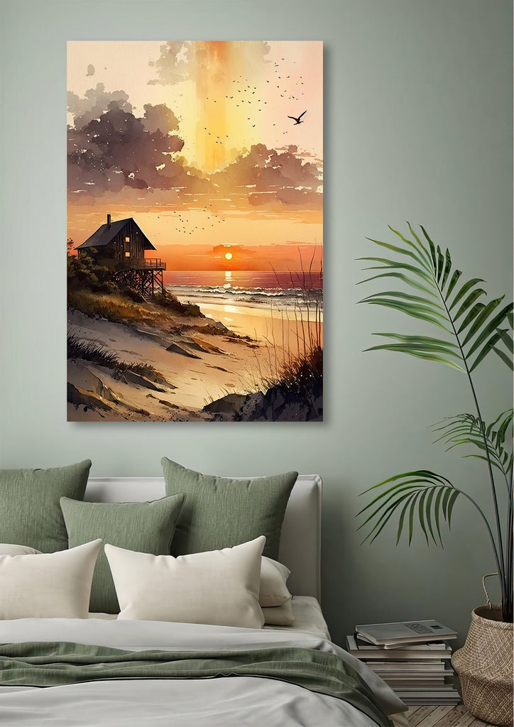 Beach Sunset Watercolor Print Ocean Wall Art Tropical Nature Gift Coastal Landscape Home Decor