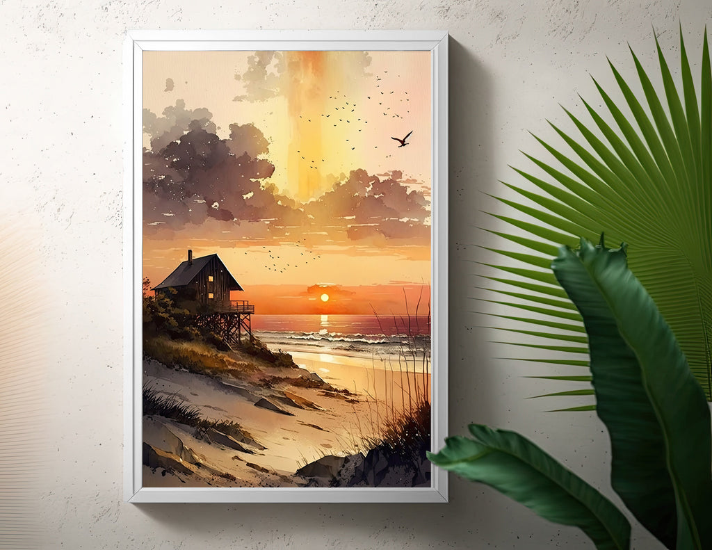 Beach Sunset Watercolor Print Ocean Wall Art Tropical Nature Gift Coastal Landscape Home Decor