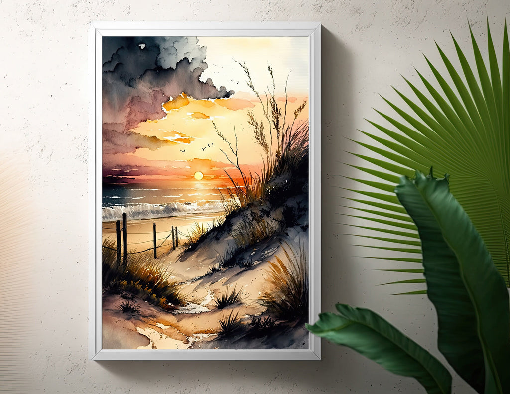 Beach Sunset Watercolor Print Ocean Wall Art Tropical Nature Gift Coastal Landscape Home Decor