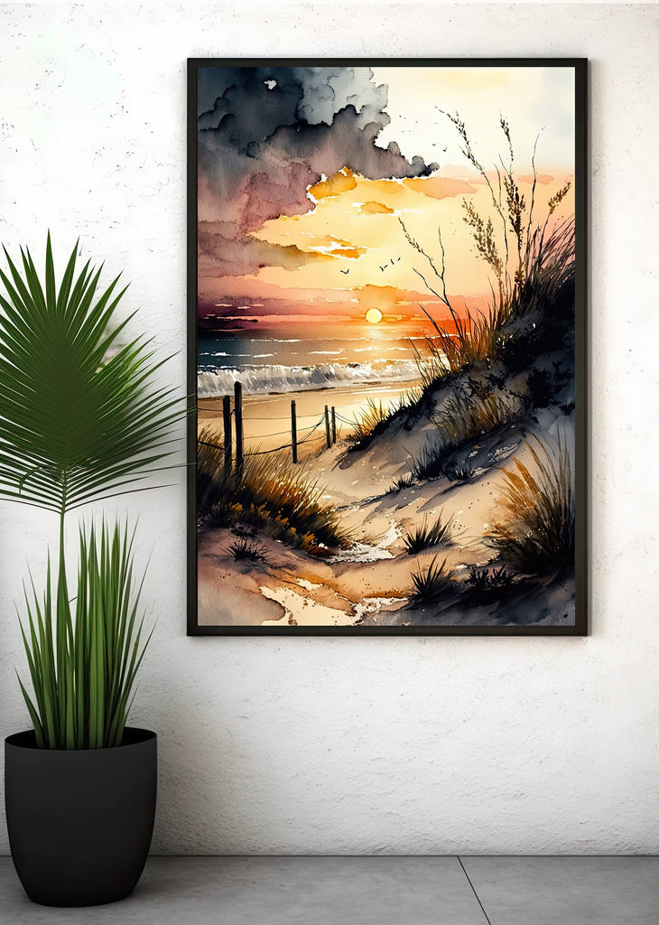 Beach Sunset Watercolor Print Ocean Wall Art Tropical Nature Gift Coastal Landscape Home Decor